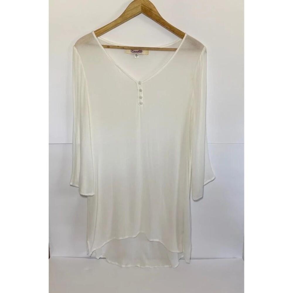 Emmelee White Flowy Hi-Low Tunic Blouse 3/4 Sleeve Size L